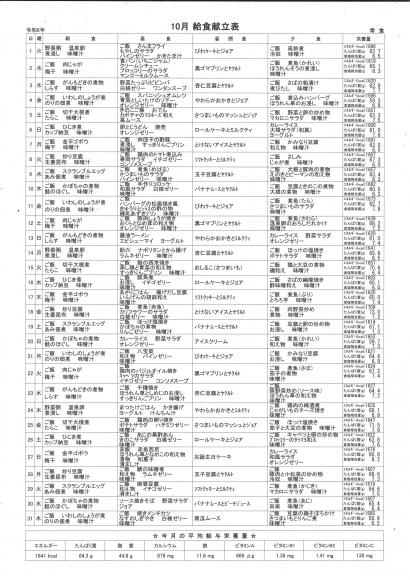 特別養護老人ホーム元気館　10月の献立表1