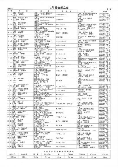 特別養護老人ホーム元気館　令和7年7月の献立表1