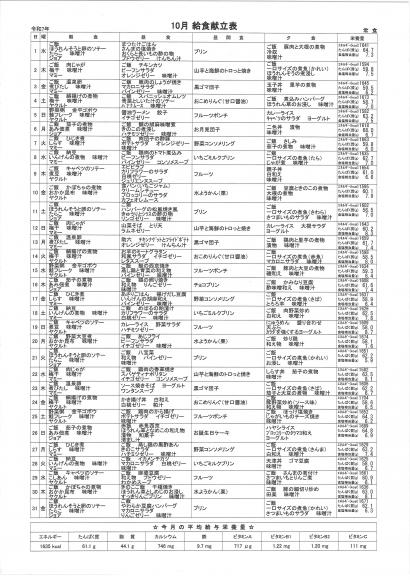 特別養護老人ホーム元気館　令和7年10月の献立表1
