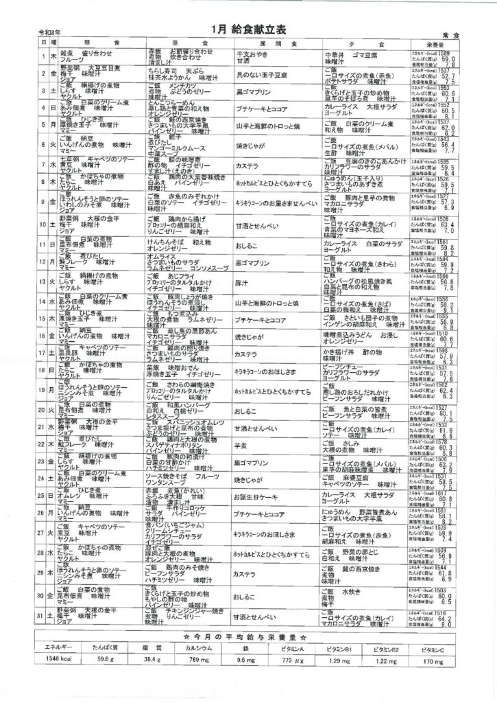 元気館1月献立表